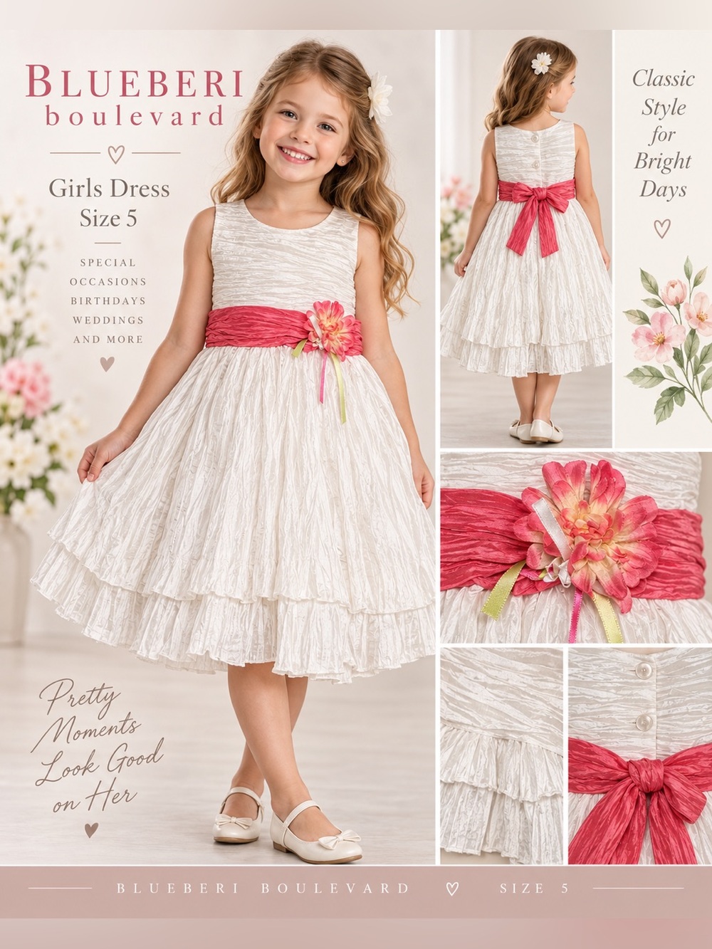 Blueberi Boulevard Girls White Tiered Dress with Pink Sash (Size 5)